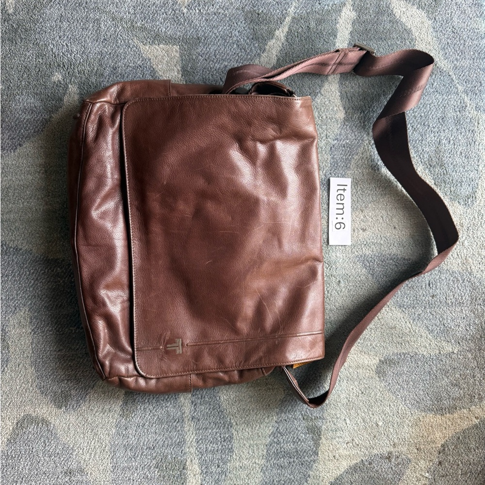 Tumi Brown Leather Messenger Bag with Adjustable Strap